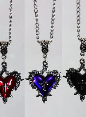 Big Thorns Rose Cross Hear Necklace for Women Men Gohic Fash