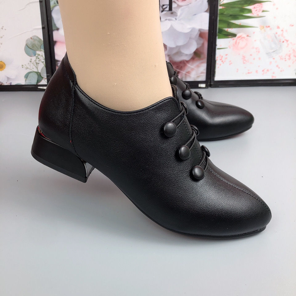 单鞋女春秋深口软底真软皮低帮鞋2025新款百搭粗跟尖头休闲小皮鞋 - 图2