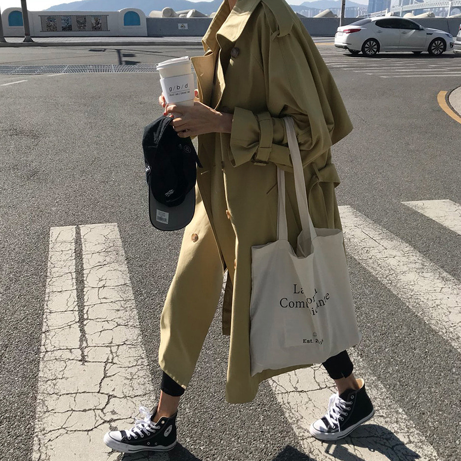 卡其色风衣女春装新款韩版双排扣宽松长款外套收腰系带薄款大衣潮 卡其色风衣女春装新款韩版双排扣宽松长款外套收腰系带薄款大衣潮