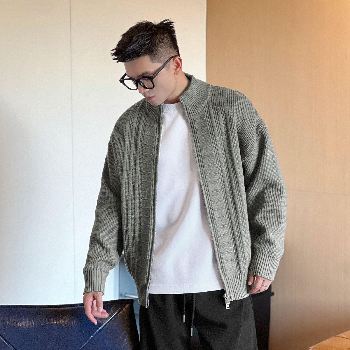 二十二号穿搭华夫格肌理感开衫毛衣男士秋冬慵懒风保暖针织衫外套,淘宝优惠券,粉丝福利购,淘宝优惠卷