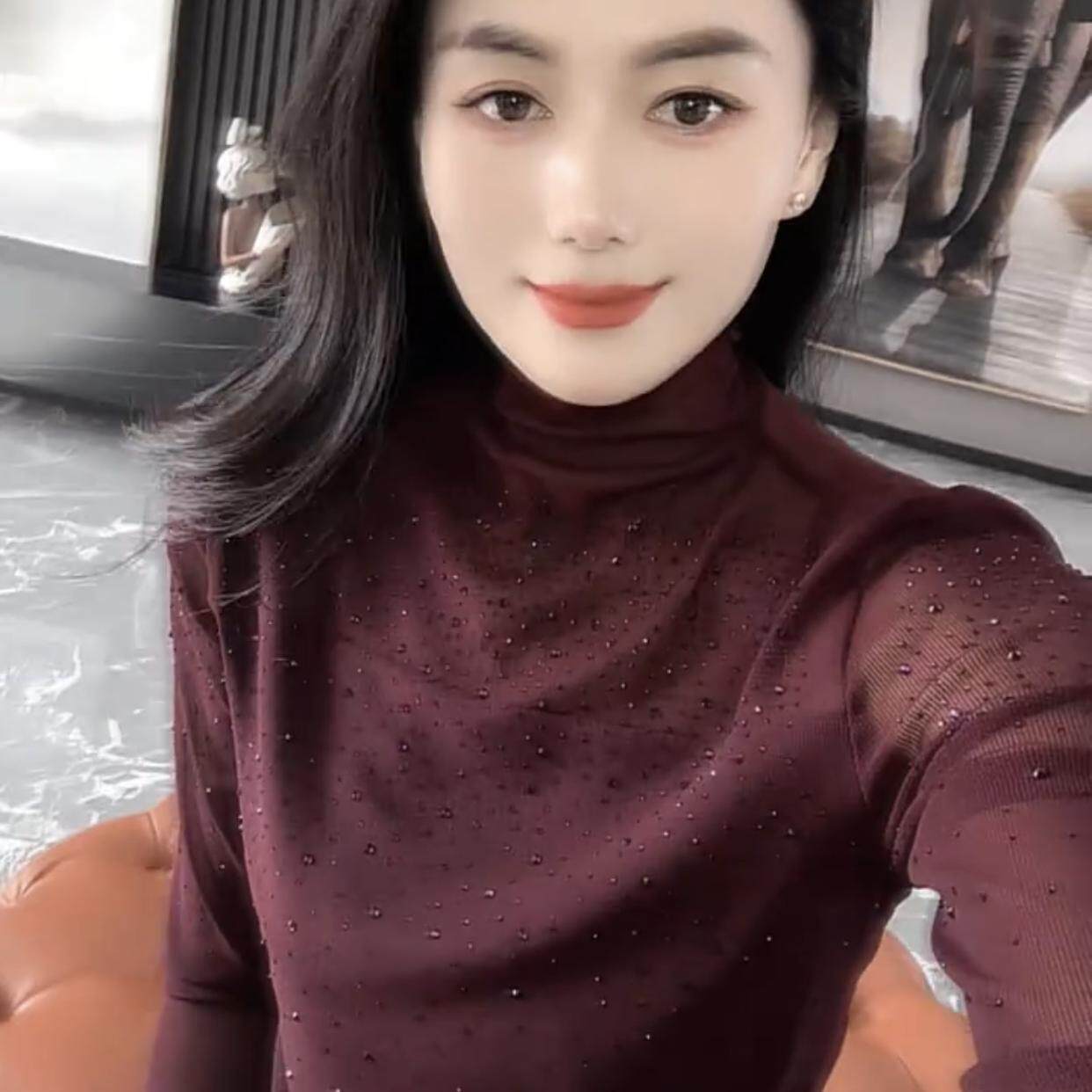 网纱拼接半高领烫钻打底衫女春季新款性感微透内搭长袖t恤ins上衣