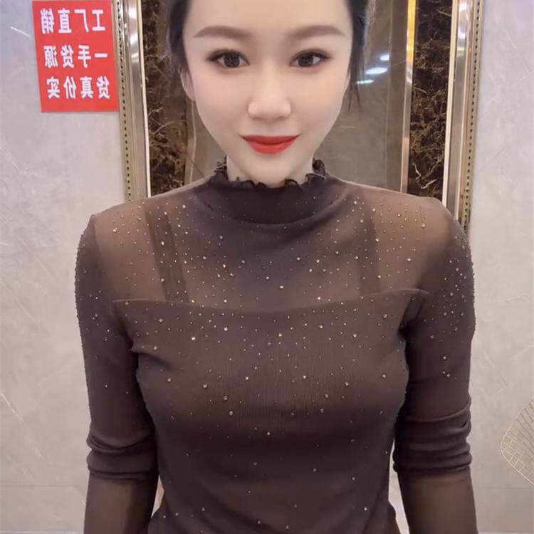网纱拼接半高领烫钻打底衫女春季新款性感微透内搭长袖t恤ins上衣