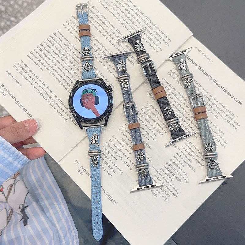 金属牛仔小狗皮革细款GT5适用华为GT3手表watch4pro苹果表带小米2 - 图0