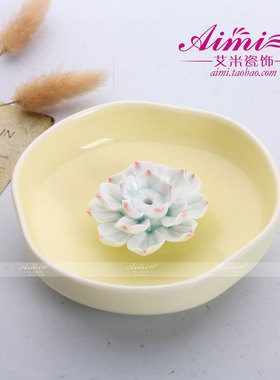 包邮 景德镇陶瓷手工香盘 不规则碗荷叶香插 糖果色荷花香托 特价
