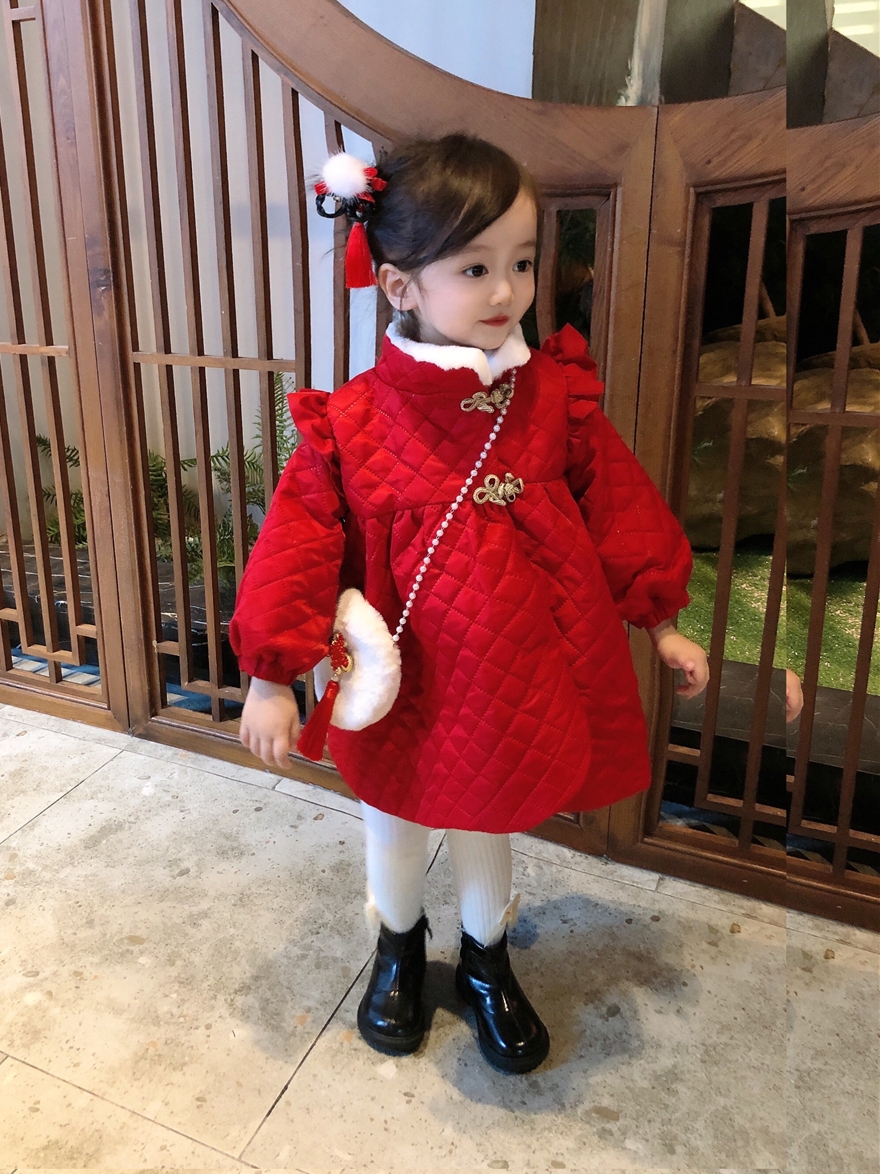 拜年服女童红色中国风新年过年衣服儿童女宝宝周岁礼服旗袍裙子冬 - 图1