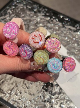 春季韩版混彩拼色笑脸发圈编织毛巾圈百搭皮筋高弹力少女丸子头绳
