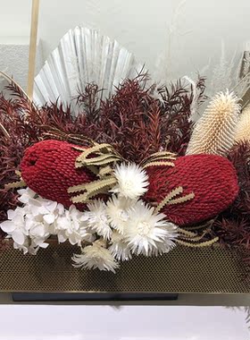 轻奢金属长条红色系永生花艺轻奢样板房餐桌会议桌高档装饰花摆件
