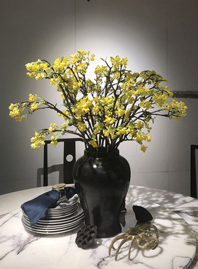 新中式黑色陶瓷花艺轻奢现代仿真黄色樱花套装餐桌玄关家居摆件