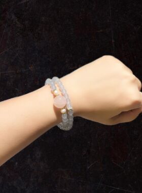 6m海蓝宝配14m粉水晶顶珠配天然珍珠双圈手串手链接受粉晶棉裂