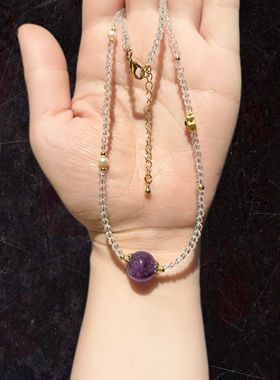 12m紫水晶配3m白晶尖配天然珍珠吊坠项链锁骨链