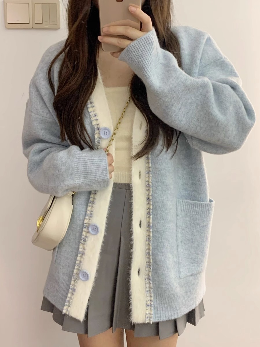 甜美小香风蓝色针织衫毛衣女春装新款宽松气质高级感减龄软糯外套