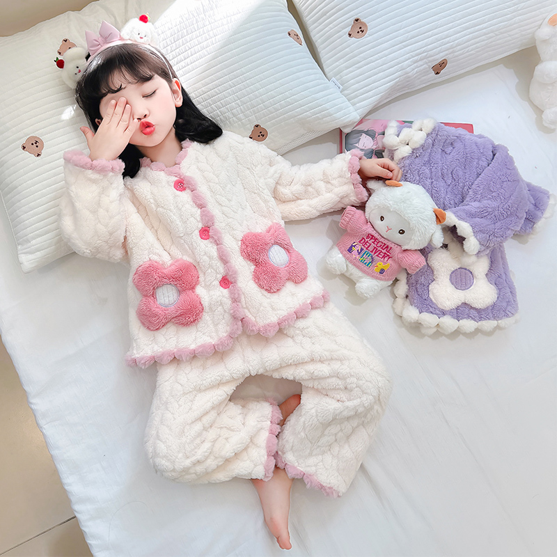 女童珊瑚绒睡衣秋冬款加绒加厚女孩女宝冬季儿童法兰绒家居服花朵 - 图3
