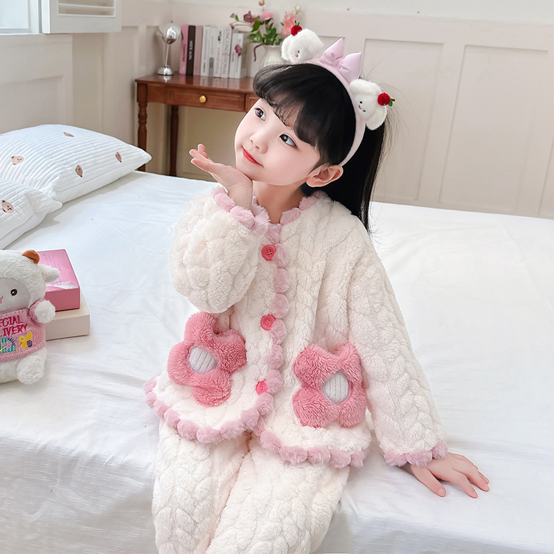 女童珊瑚绒睡衣秋冬款加绒加厚女孩女宝冬季儿童法兰绒家居服花朵 - 图1