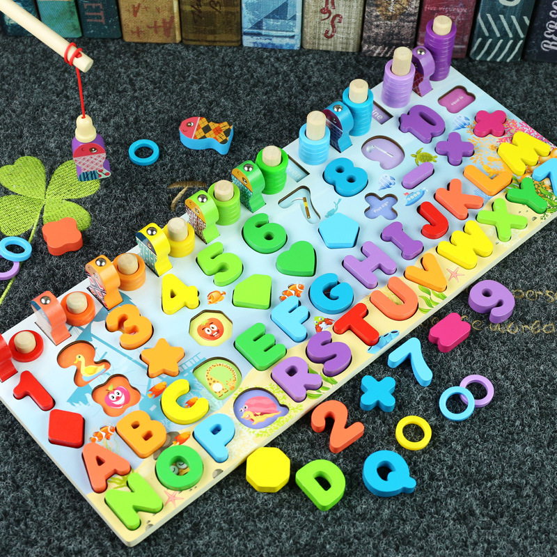 幼儿童益智玩具数字拼图积木启蒙早教木质拼装智力磁性钓鱼对数板 - 图0
