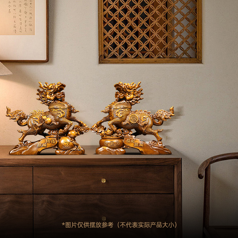 招财纳福麒麟摆件一对中式客厅玄关装饰送子麒麟工艺品乔迁礼物