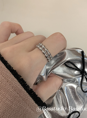 Basstudio 复古风文艺米花珠椭圆波珠双层宽版开口戒指 钛钢镀金