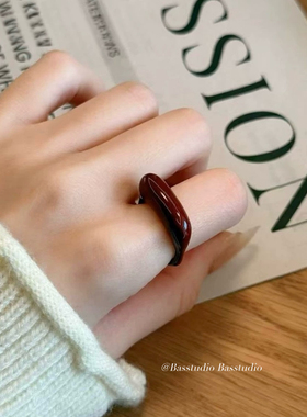 Basstudio不掉色秋冬氛围感安克拉红不规则滴油钛钢戒指气质显白