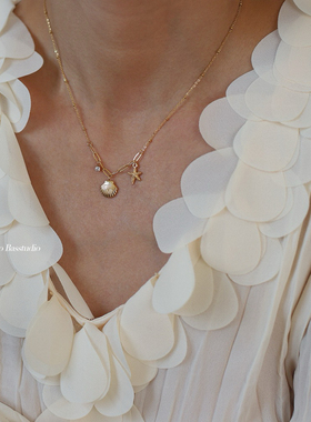 Basstudio原创海洋风精致贝壳爪钻海星短链锁骨项链钛钢镀18K金