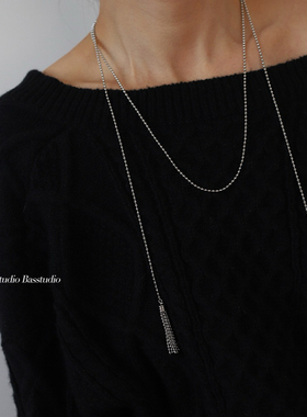 Basstudio 简约百搭民族风毛衣链流苏麦穗绳结长款圆珠钛钢不掉色