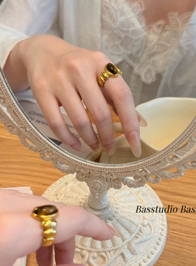 Basstudio钛钢不掉色椭圆白贝母素圈戒指女小众高级感叠戴食指戒