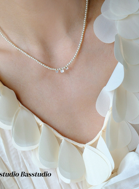 Basstudio夏日法式气质Baby珠2.5mm小珍珠玻璃锆石眼泪锁骨链钛钢