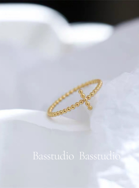 Basstudio不掉色钛钢戒指小众设计高级感小圆珠十字不规则戒指