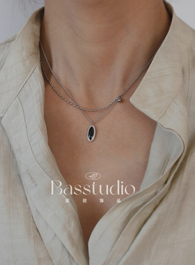 Basstudio 复古法式椭圆黑色项链黑镜锁骨黑色滴油眼睛锁骨链钛钢
