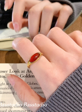 Basstudio 复古金色玛瑙戒指女小众高级感指环钛钢镀18k金不掉色