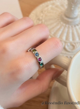 Basstudio法式复古彩色锆石爱心戒指女小众设计钛钢不掉色情侣戒