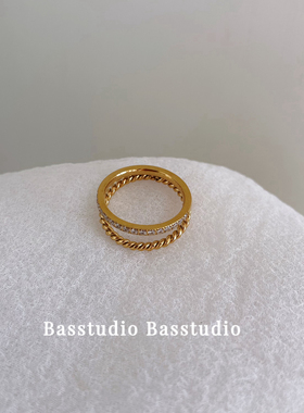 Basstudio不掉色钛钢双层排钻麻花食指戒指轻奢小众时尚个性女