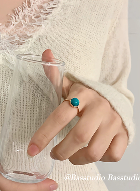 Basstudio复古绿松石戒指女轻奢气质钛钢镀18K金食指戒百搭不掉色