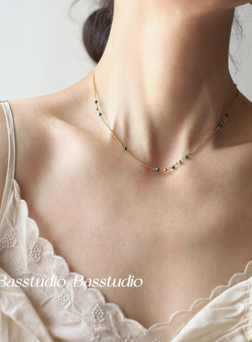 Basstudio 欧美ins风绿孔雀石人造穿珠项链小众锁骨链女式钛钢