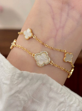 韩系轻奢高级感百搭双层微镶锆石四叶花手链个性小众设计时尚手饰
