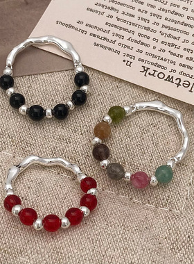 纯银碎银碧玺天然石戒指高级彩色彩色气场小众设计可调节戒指