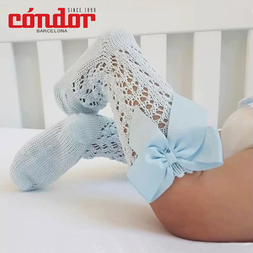 西班牙Condor女童镂空中筒袜春夏款侧边蝴蝶结宝宝糖果色透气短袜 - 图1