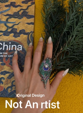 海外订单原创孔雀羽毛戒指小众轻奢水钻戒指珍珠点睛满重工指环