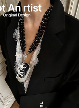 原创帆布鞋哥特风黑色串珠项链多层叠戴毛衣链高级感小众锁骨链