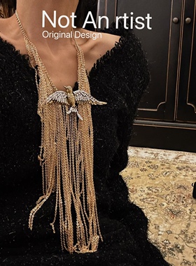vintage复刻纯手工奢华水钻燕子流苏项链小众设计感金色链条长款