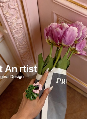 vintage油画风格法式复古手工滴油树叶花朵戒指夸张珐琅花卉指环