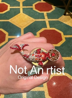 原创设计中国传统鱼跃龙门财运滚滚红锦鲤铜钱戒指手工可调节指环