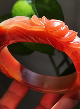 玛瑙印象 纯天然巴西老坑玛瑙雕刻手镯 稀有质感实肉粉满色满肉57