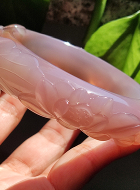 玛瑙印象 纯天然巴西粉玛瑙雕刻手镯 意境粉荷花玛瑙手镯 精工59