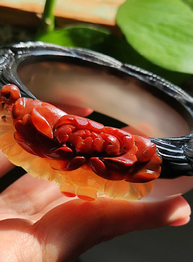 玛瑙印象 莺歌燕舞  巴西玛瑙雕刻手镯 稀有三彩设计满分高工价58