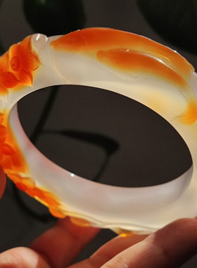 玛瑙印象 桃花夭夭 纯天然马料红玛瑙雕刻手镯 冰底精工雕琢61