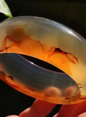 玛瑙印象纯天然巴西老花料玛瑙手镯加宽加厚玻璃种荧光满溢大气60