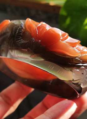 玛瑙印象 水墨玉兰 纯天然巴西黑红撞色玛瑙雕刻手镯高工意境雕56