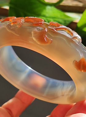 玛瑙印象 纯天然巴西老料玛瑙雕刻手镯 俏色巧雕 银杏叶手镯60