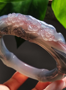 暗香疏影 纯天然巴西老料玛瑙雕刻手镯 稀有蓝粉俏色 意境梅竹59