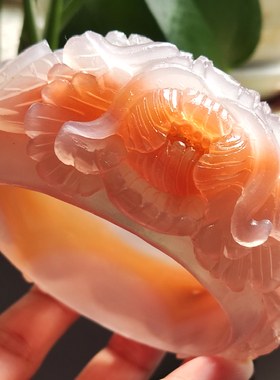 玛瑙印象 国色芳华 纯天然巴西粉玛瑙雕刻手镯 糖心粉牡丹 唯美63