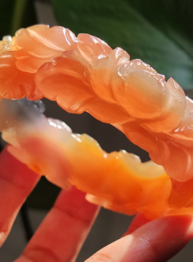 玛瑙印象 纯天然多彩老料玛瑙雕刻手镯 牡丹花开 稀有三彩高冰54